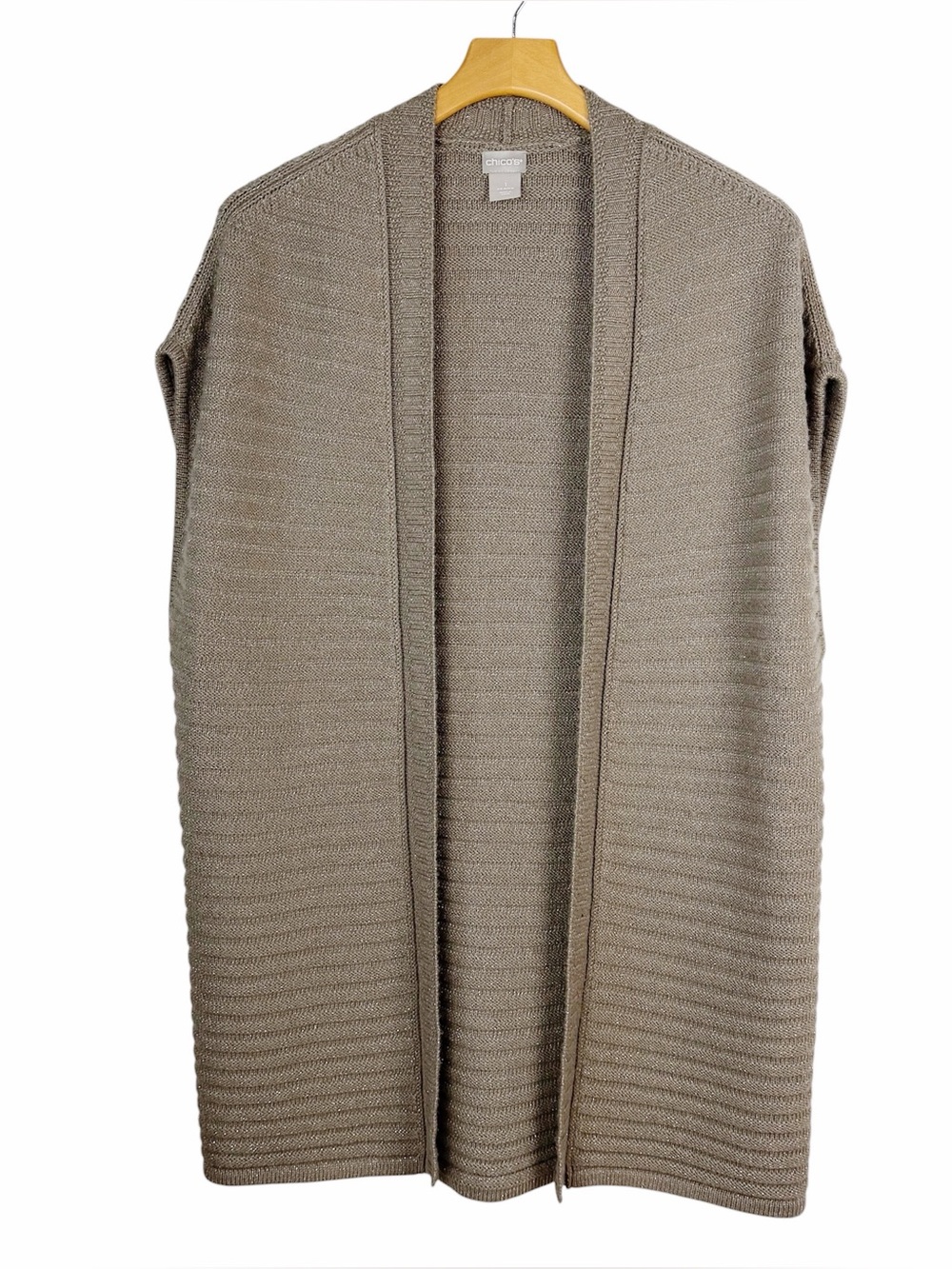 Chico's Shimmer Rib Detail Open Front Long Cardigan Sweater Vest Size 1 Medium